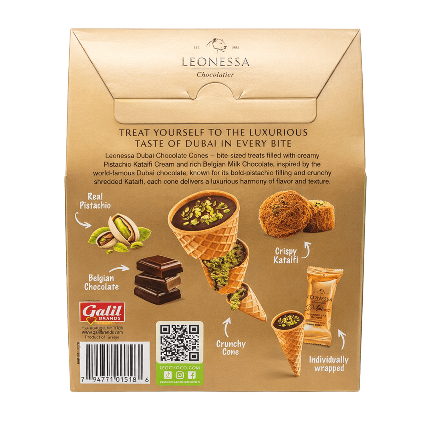 Leonessa Chocolatier Dubai Chocolate Cones, Milk Chocolate with Crispy Kataifi & Pistachio Kunafa Cream, Made with Belgian Chocolate, 4.7 oz Gable Box, 10 Count