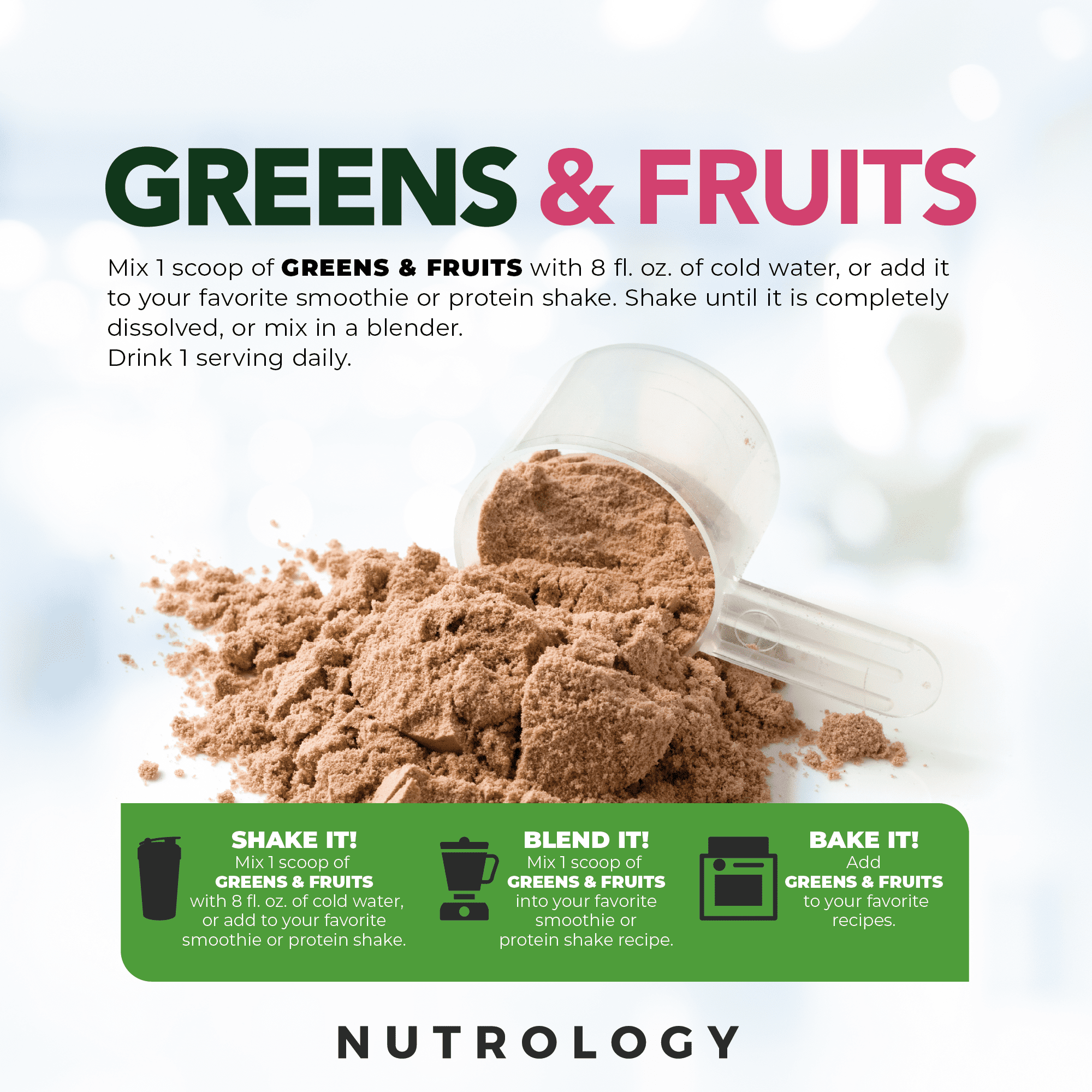 Nutrology's Greens & Fruits-Naturally Sourced Fruits, Vegetables, Greens, Beet Powder & Mushroom Blend-Probiotics, Digestive Enzymes, Fiber, Antioxidants, Immune Support - Chocolate Taste-30 Servings