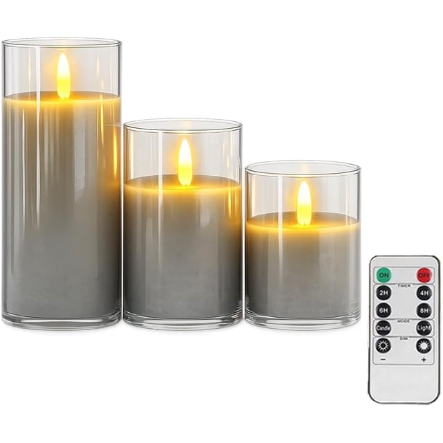Vidrio Decorativo LED Vela Luces, Juego de 3 con 1 mando a distancia, adecuado para el hogar, cocina, boda y otros lugares, añadir un ambiente cálido, relajante y romántico. (anthracite gray)