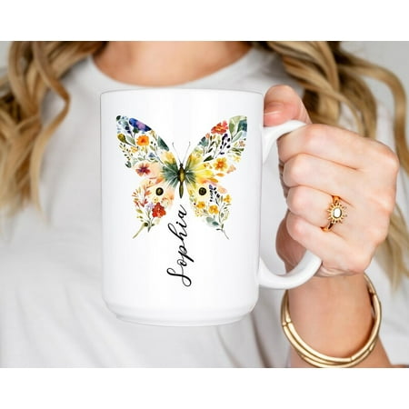 

Butterfly Flower Ceramic Mug Personalized Name Gift Custom Coffee Cup Tea Mug Present Floral Butterfly Ceramic Mug 15Oz