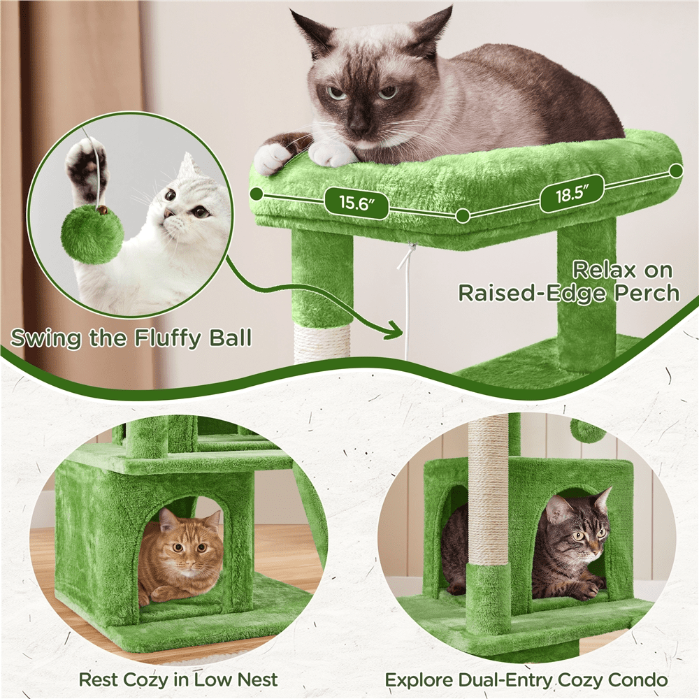 Yaheetech 36'' H Cat Tree Tower with Double Condos, Scratching Post, Green