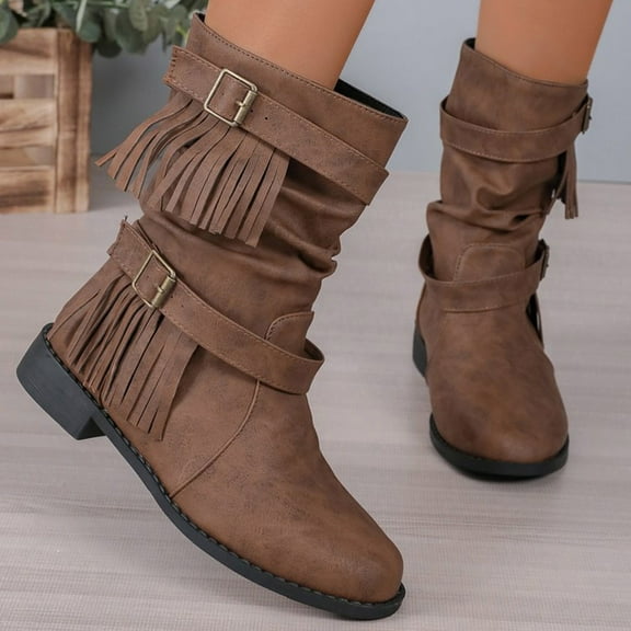 YOUSNH Plus Size Women's Boots Belt Tassel Solid Buckle Casual Boots Short Boots Women's Boots Brown 6.5