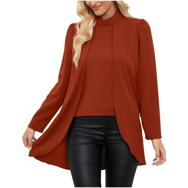 Timegard Flowy Tops for Women Stand Neck Long Sleeve Lightweight Blouse Fall Work Casual Loose Tops
