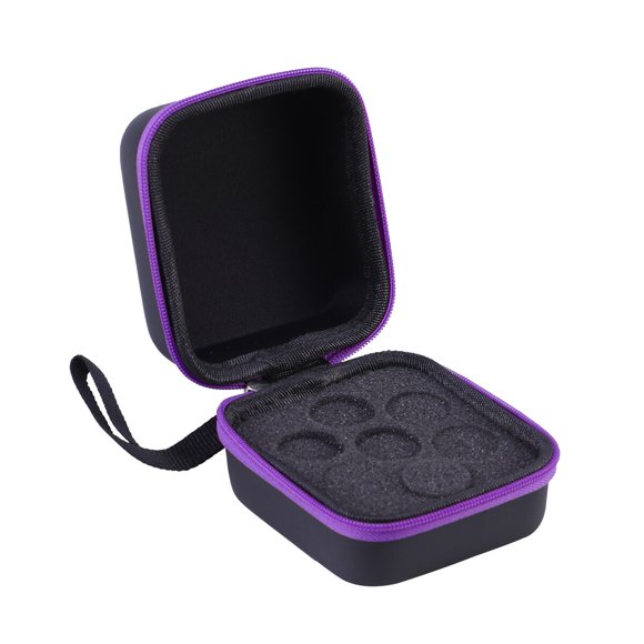 1 botella de aceite esencial con 7 ranuras y capacidad de 5 ml, bolsa a prueba de golpes, estuche de transporte, estuche protector con ruedas (cremallera morada)