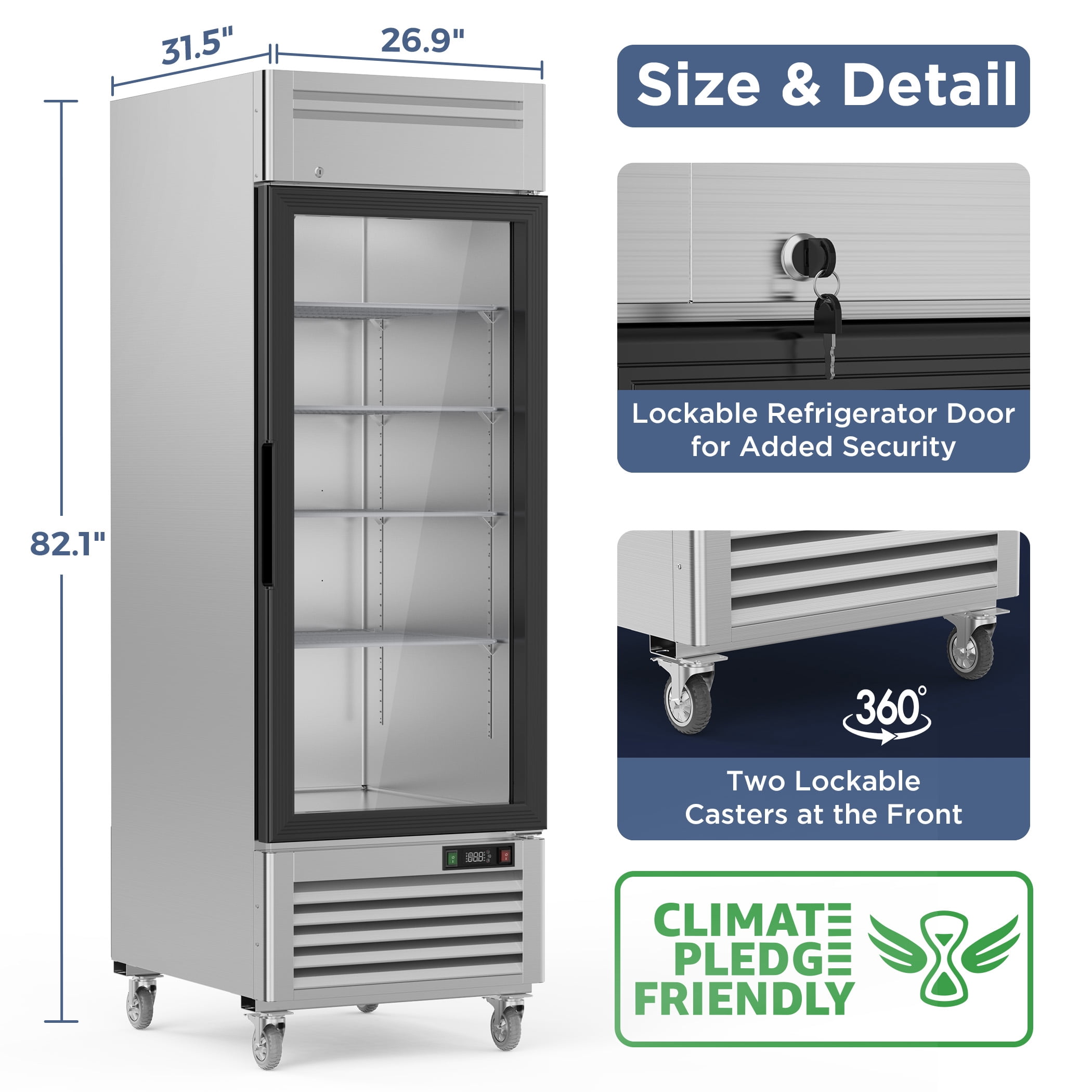 Coolake 27" Glass Doors Commercial Display Freezer, 23 Cu. Ft Stainless Steel Upright Merchandiser Freezer