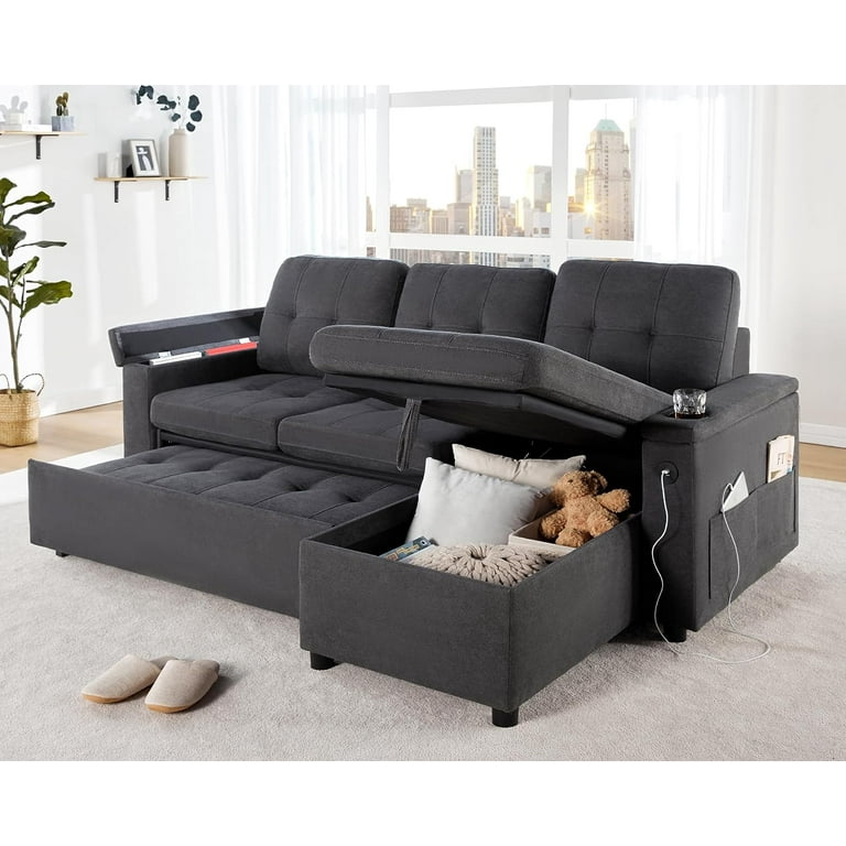 Papajet Sleeper Sofa Tufted Bed With Usb Cup Holders L Shape Couch For Living Room Linen Size Dark Grey Gray