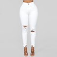 thumbnail image 2 of YWDJ Jeans for Women High Waist Mom Jeans Women Slim Plus Size Ripped Hole Solid Color Long Jeans Denim Regular Pants White XS, 2 of 7