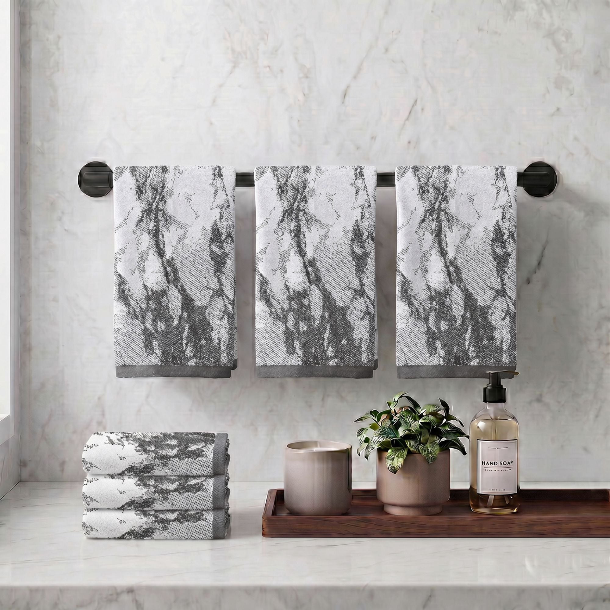 Superior Marble Pattern Cotton 6-Piece Hand Towel Set, 6-Pack, Grey