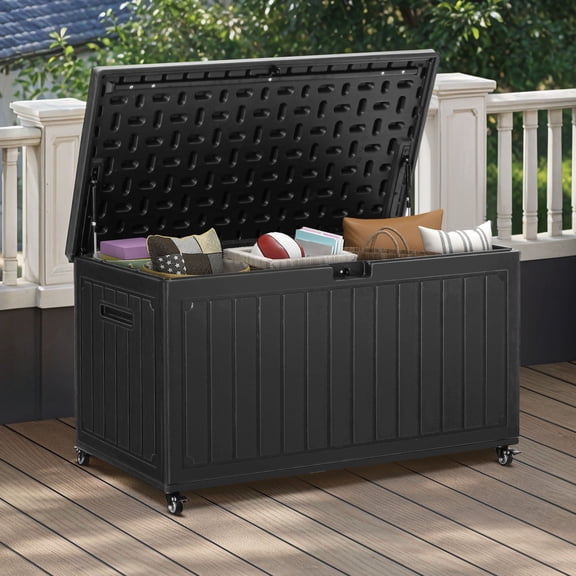Dextrus 90 Gallon Outdoor Resin Deck Box, Large Double-Wall Storage Box with 6 Wheels, Lockable & Waterproof, Black