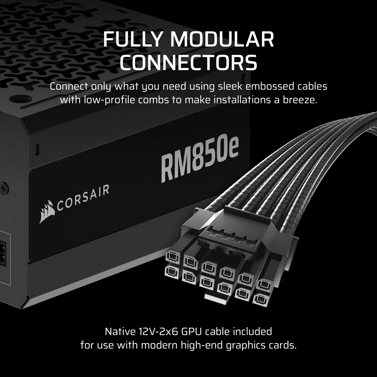 CORSAIR RM850e Fully Modular Low-Noise ATX Power Supply, ATX 3.1 & PCIe 5.1 Compliant, 105°C-Rated Capacitors, Cybenetics Gold Efficiency