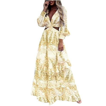 

Inkach Womens Long Sleeve Print Hollow Out Long Dress