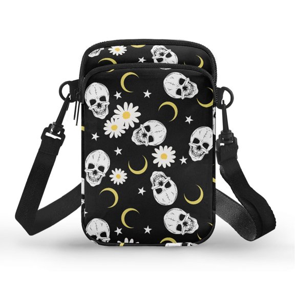 HELLHERO Double Deck Crossbody Small Crossbody Bags for Adults Outdoor Holiday Travel Sling Bag Polyester 4.33"x1.97"x7.09" Skulls Daisies