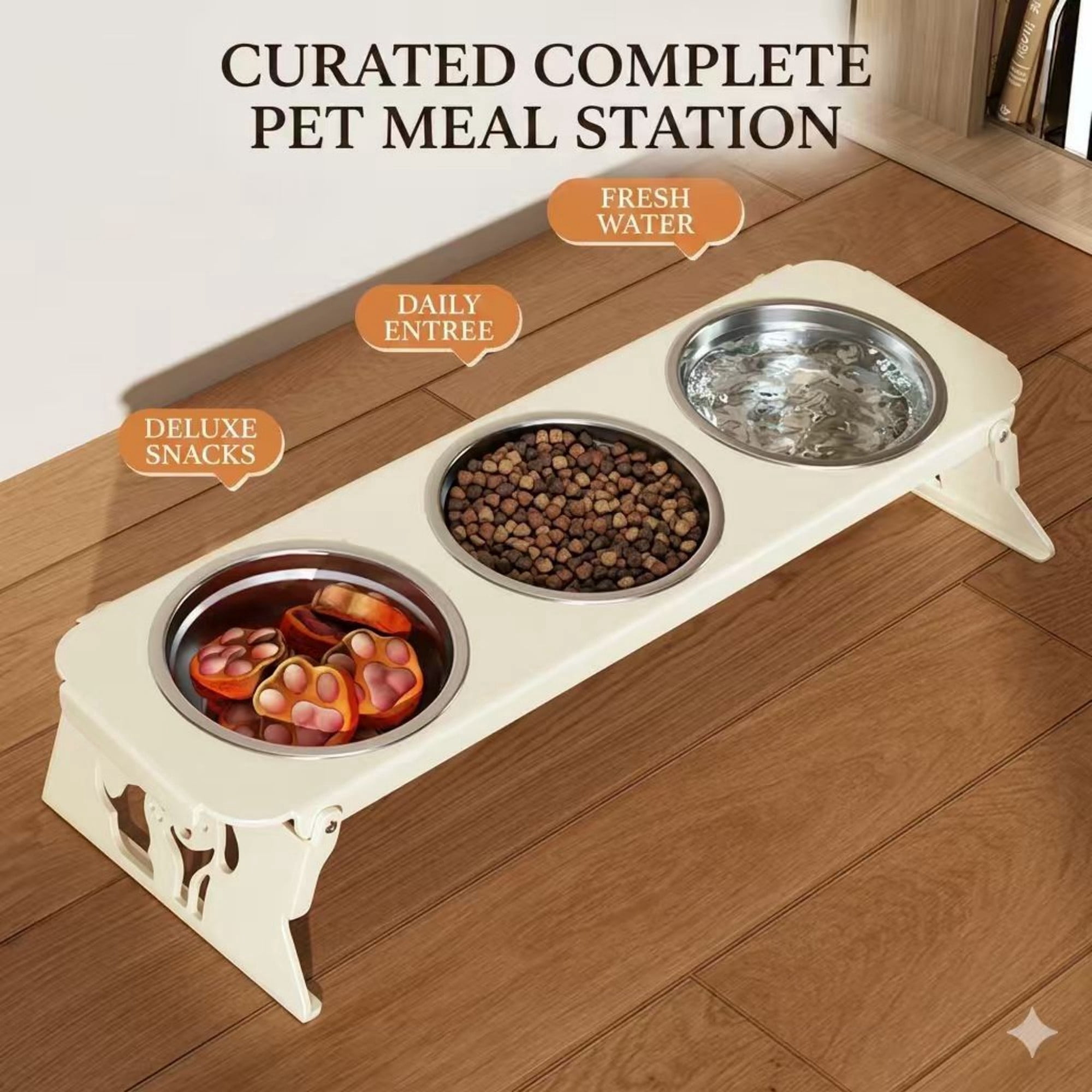 Elevated Triple Pet Bowl Stand, Foldable 3-Bowl Feeding Station for Cats and Small Dogs, Stainless Steel Bowls, Anti-Chin Acne Design, Space-Saving Portable Pet Feeder (18.9" x 6.3" x 3.4")