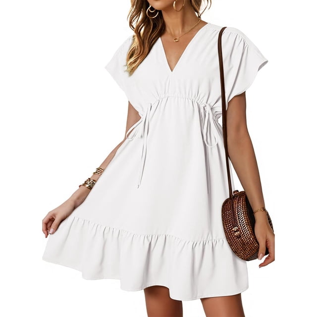 Tops d'Été pour Femmes 2024 à Moins de 10 $! Robes Mode Oversize à Manches Courtes, Col en V, Cordon de Serrage, Décontractées, à Volants, Robe Trapèze Courte, Cadeau pour Femmes en Solde