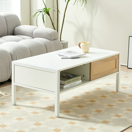 Smooth Rattan Surface / Ideal for Interiors / 40.16" White Coffee Table