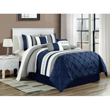 7 Pc Riya Diamond Meander Greek Key Pleated Stripe Comforter Set