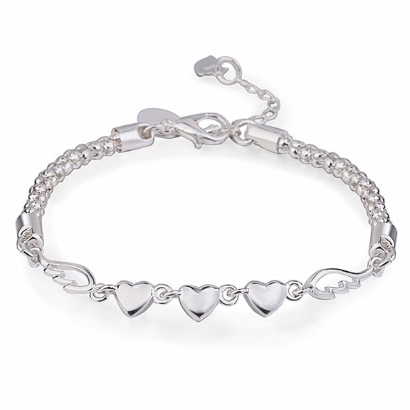 925 Sterling Silver Heart Wings Charm Bracelet, Adjustable Cuff Bangle with Silver Beads, Minimalist Hand Chain Jewelry for Women, Friendship Gift for Valentine's Day, Anniversary, Mother's Day