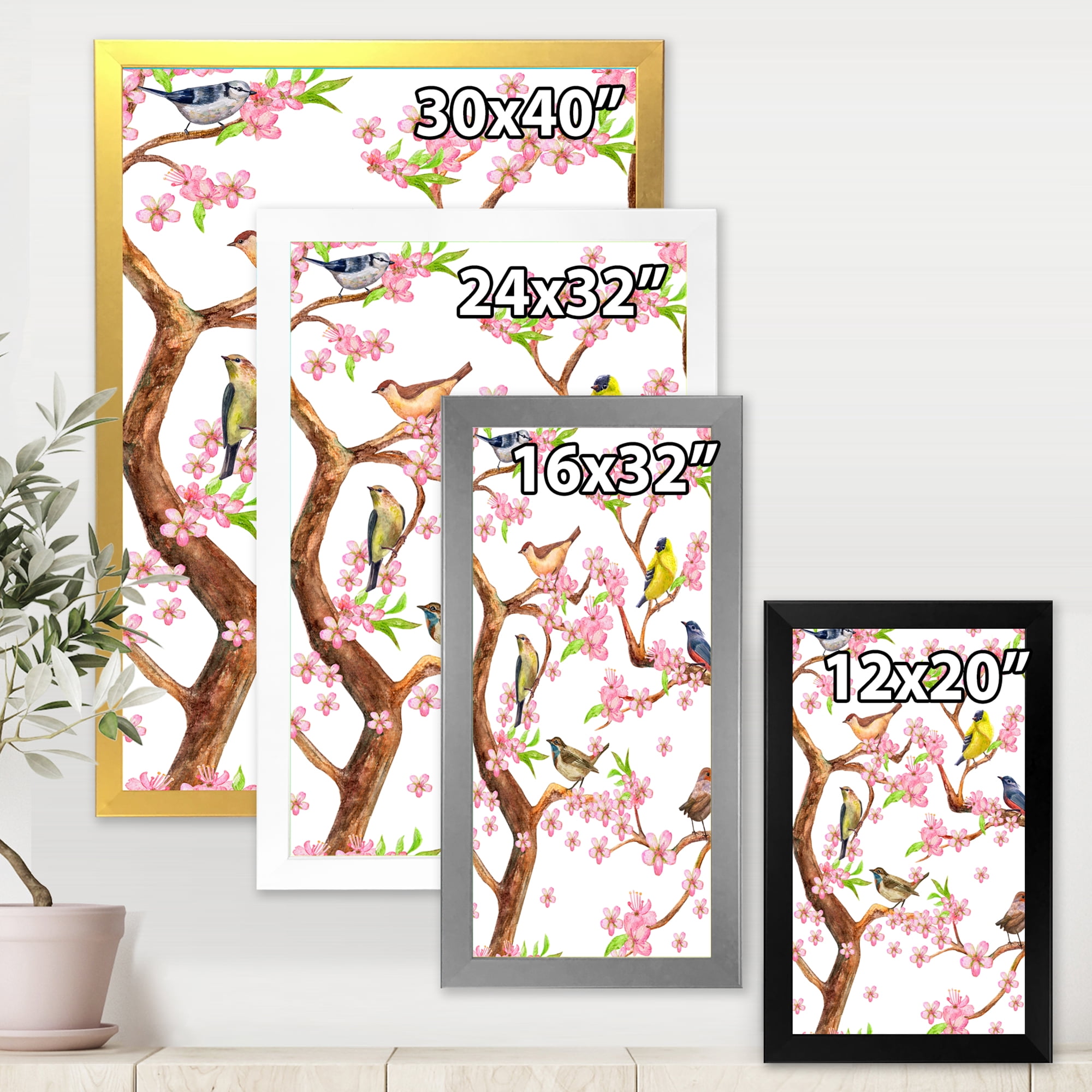Colorful Little Birds On Spring Flowers Tree 30 in x 40 in Framed Painting Canvas Art Print, by Designart