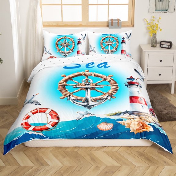 Erosebridal Lighthouse Anchor Comforter Cover Twin,Marine Nautical Bedding Twin Size,Ocean Theme Duvet Cover Twin,Super Cozy Teens Bedroom Decor(No Comforter),Reversible,3pcs