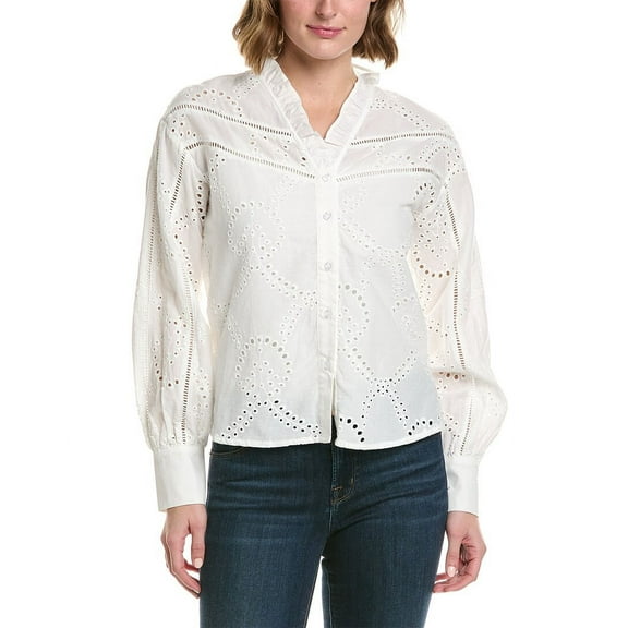 Gracia womens Frill V-Neck Shirt, L, White