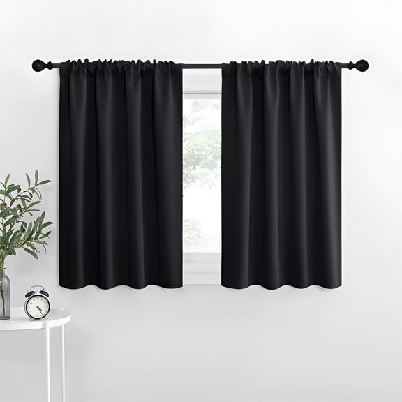 AUQ Home Blackout Short Curtains,Thermal Insulated Window Curtains,Waterproof Rod Pocket Kitchen Curtains,Solid Half Window Curtain Tiers for Bathroom,W29 X L36In,2 Pcs Black Rod Pocket Drapes