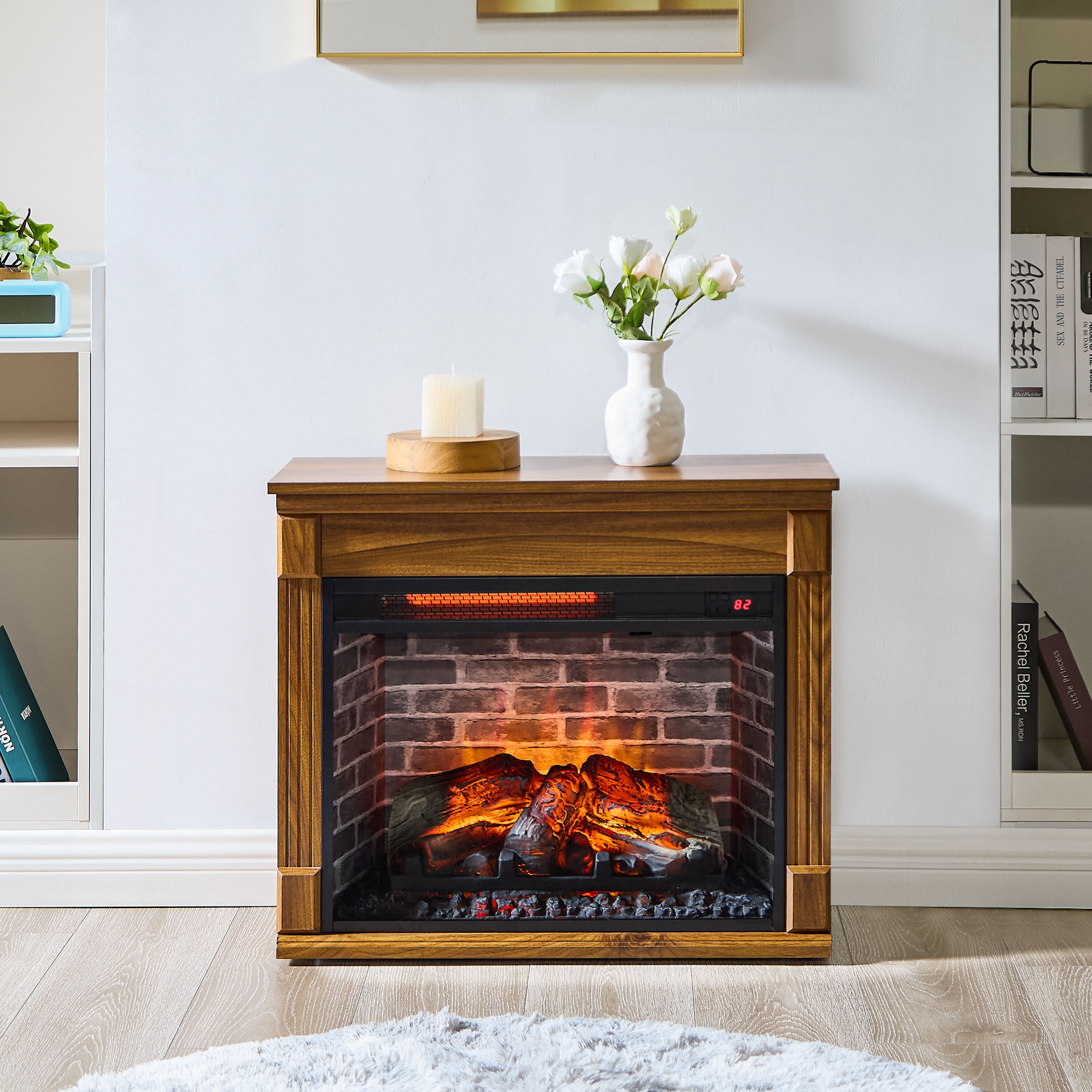 Double Size Electric Indoor Fireplaces, 28 inch TV media entertainment center With electric fireplace, Dark Oak Indoor Fireplaces,Particle Board Fireplace Tools Set