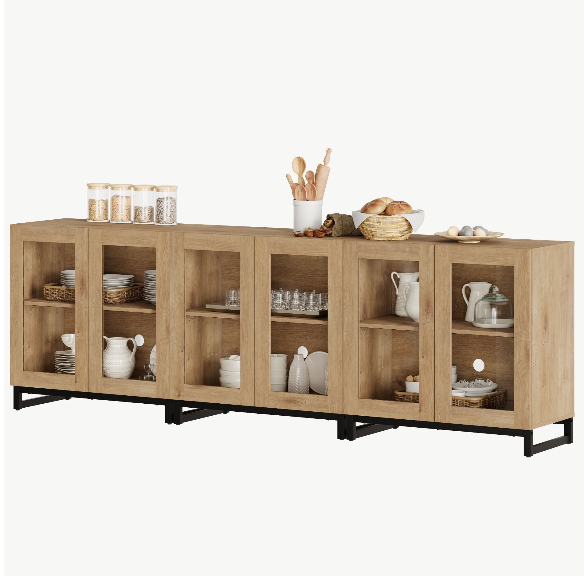 WAMPAT 3 in 1 Multifunctional Sideboard Buffet Cabinets with 6 Glass Doors, Modern Sideboard Credenza with Adjustable Shelf, Coffee Bar Storage Cabinet for Living Room, Kitchen, Oak