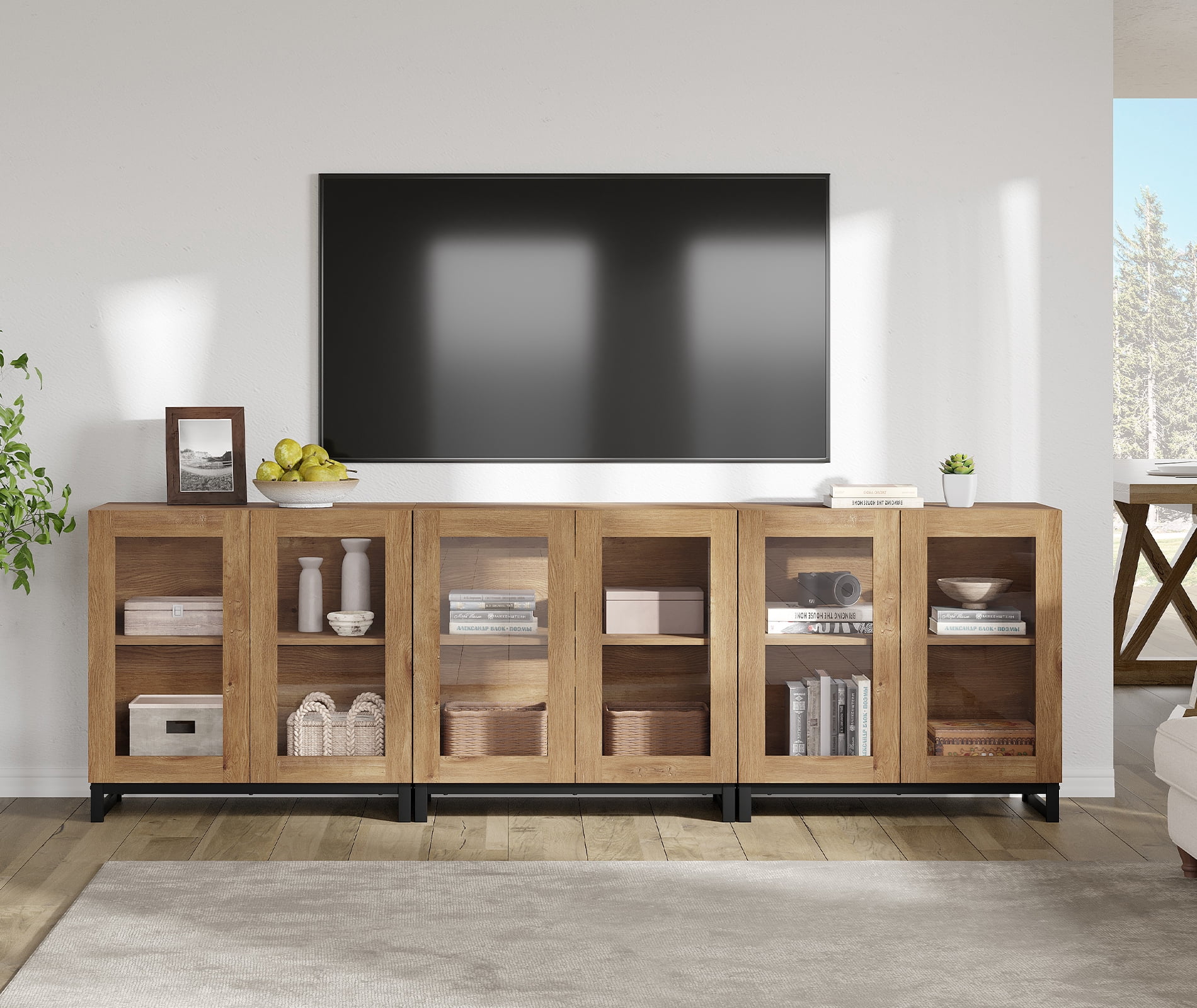 Modern Entertainment Center TV Console with Adjustable Shelves and Glass Doors, Home Media Furniture for 110 Inch TVs, Perfect for Living Room Use,Oak