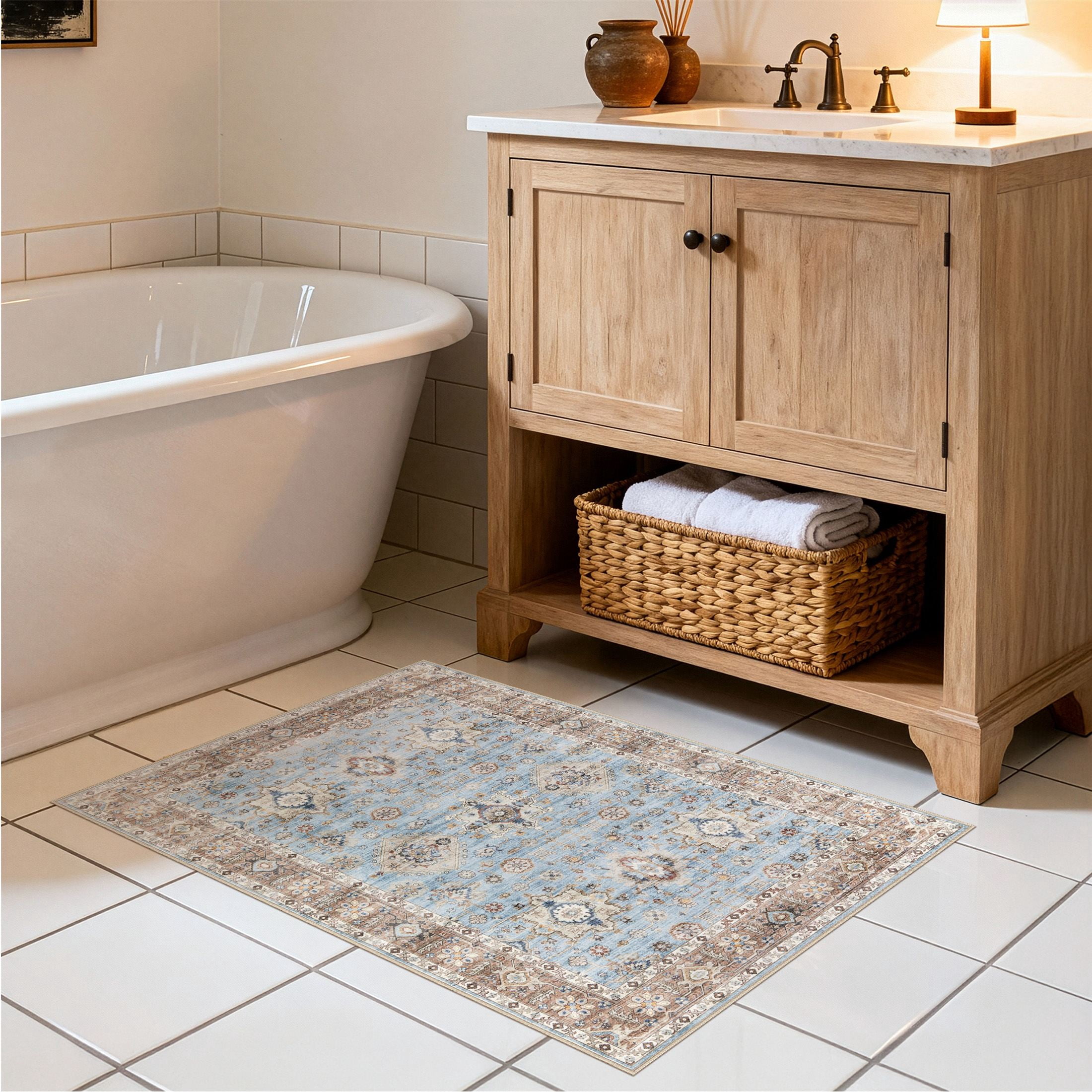 Uermei 2'x3' Small Washable Area Rug: Non-Slip Stain-Resistant Durable Indoor Mat for Entryway, Kitchen, Bedroom, Laundry, Pet & Kid-Friendly Home Decor - Brown Blue
