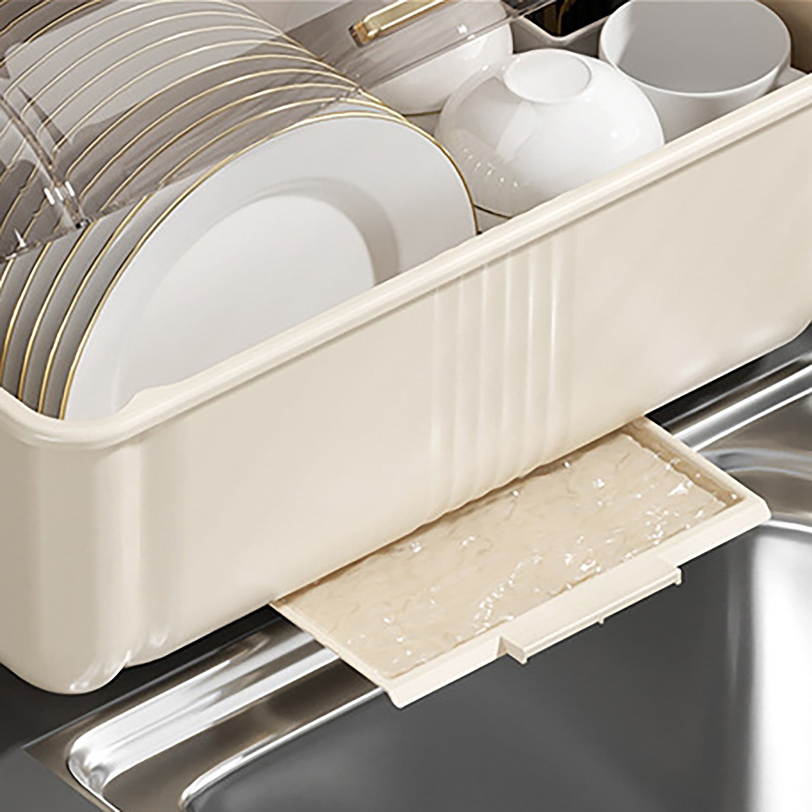 Dish Drying Rack,Plastic Dish Drying Rack,Bottle Dryer Holder with Cover Lid and Removable Drainboard,Utensil and Cup Holder for Kitchen Counter, Dish Dryer Shelf,17.3 x 9 x 10.6 Inch(Beige 42x27cm)