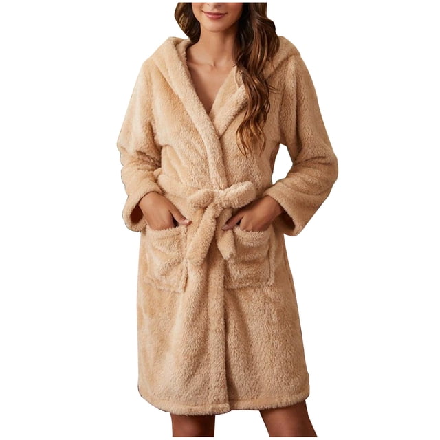 Batas para mujer, suaves, de color liso, de manga larga, con cuello en V, con bolsillos, de invierno, de franela, pijamas para mujer