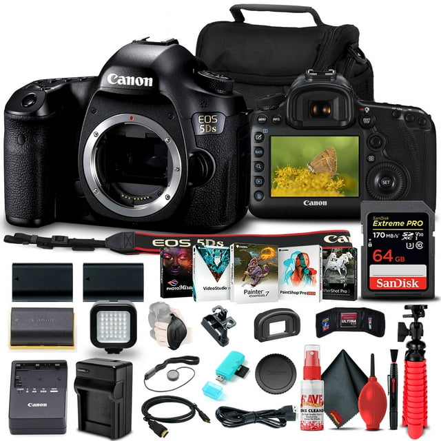 Canon EOS 5DS DSLR Camera Body Only 0581C002 64GB Memory Card 2 x LPE6 Battery External Charger Card Reader LED Light Corel Photo Software Case Flex Tripod HDMI Cable International Model