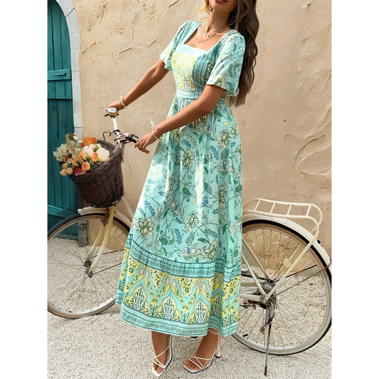light green boho dress Women'S 2025 Summer Short Sleeves Boho Floral Print Tiered Casual Flowy  Long Maxi Dress Light Green XL