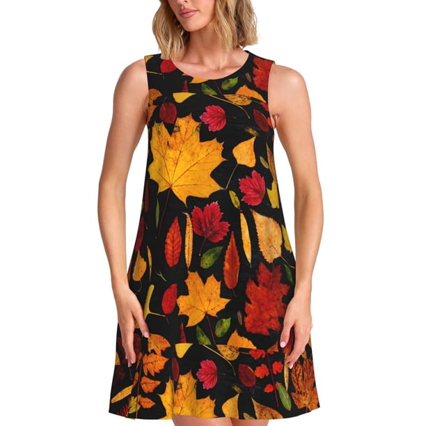 Fotbe Autumn Maple Leaves A Vestido de Verano sin Mangas para Mujer – Vestido Midi Línea A, Estilo Camiseta Floral, Vestido Playero Casual y Fluido