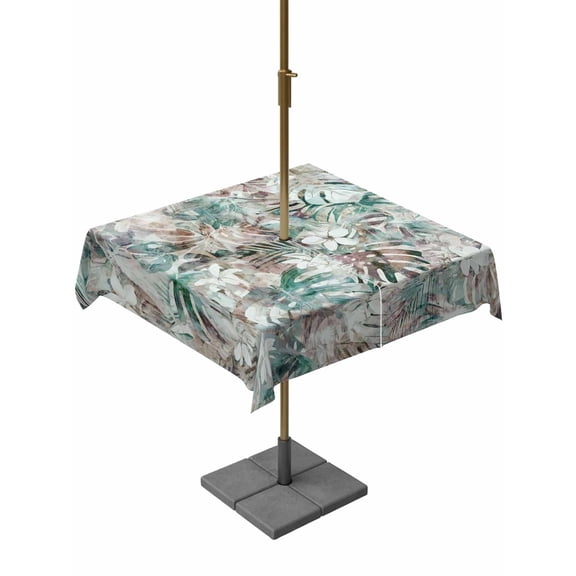 Outdoor Tablecloth with Umbrella Hole for Patio/Picnic/Party/Camping, Palm Leaves Waterproof Table Cloth Square Cover Washable, Turquoise Tropical Leaf Botanical Retro Spring (60"x 60")