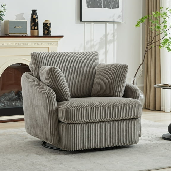 PORKISS Swivel Accent Chair, Modern Barrel Chair with 2 Thorw Pillows, Oversized Comfy Round Armchair Reading Chair, Comfy Chair for Bedroom Living Room, Gray