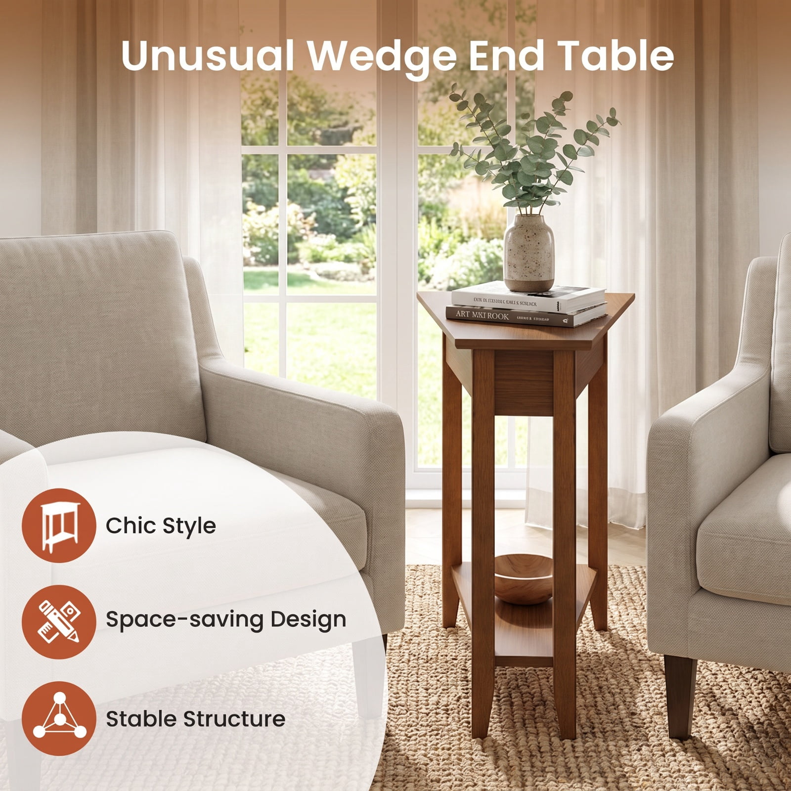 Furnibear 2 Tier Wedge Narrow End Table with Storage Shelf and Solid Rubber Wood Legs for Small Spaces and Sofa Side, Walnut