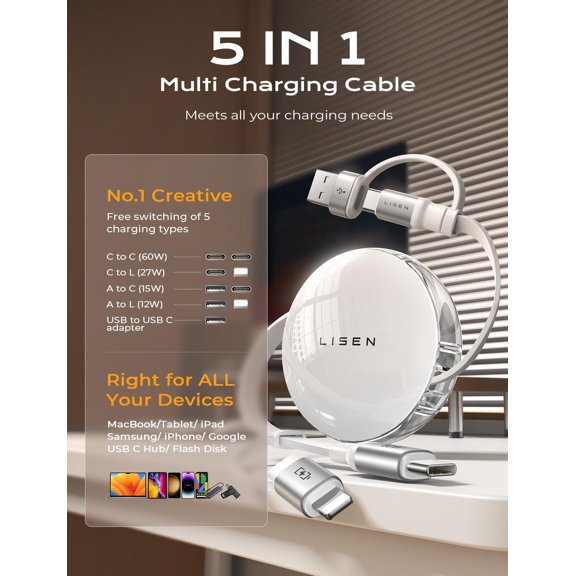 PYYAN-5-in-1 Fast Charging Retractable Cable for iPhone, iPad, Samsung - 60W Charger with USB-C/A Ports for Phones, Tablets, White