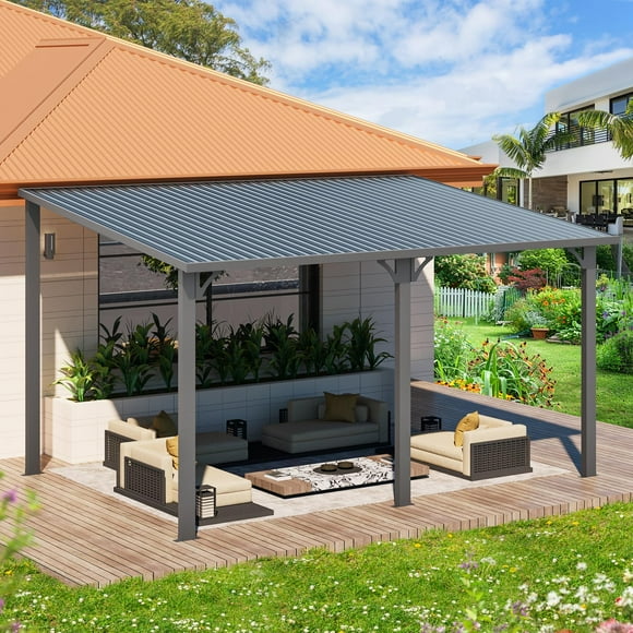 AECOJOY Pergola Rigi 3 m x 4,2 m, Auvent Mural Robuste en Métal pour Terrasse, Grande Pergola Extérieure en Acier Galvanisé