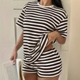 thumbnail image 2 of Morttic Women's Summer Casual Waffle Knit Stripe 2 Piece Set – Crew Neck Short Sleeve Top & High Waist Shorts Lounge Outfit Coffee，S, 2 of 6