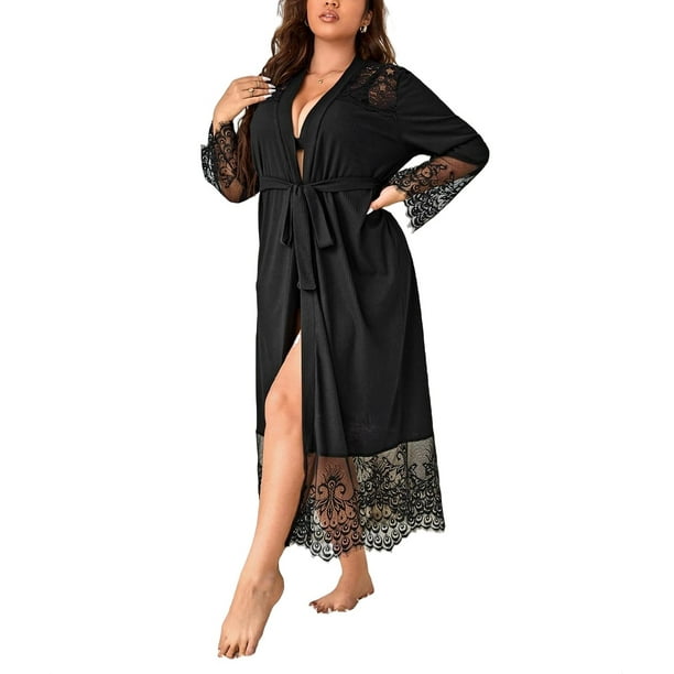 Black Elegant Plain Robes Long Sleeve Plus Size Robes & Robe Sets