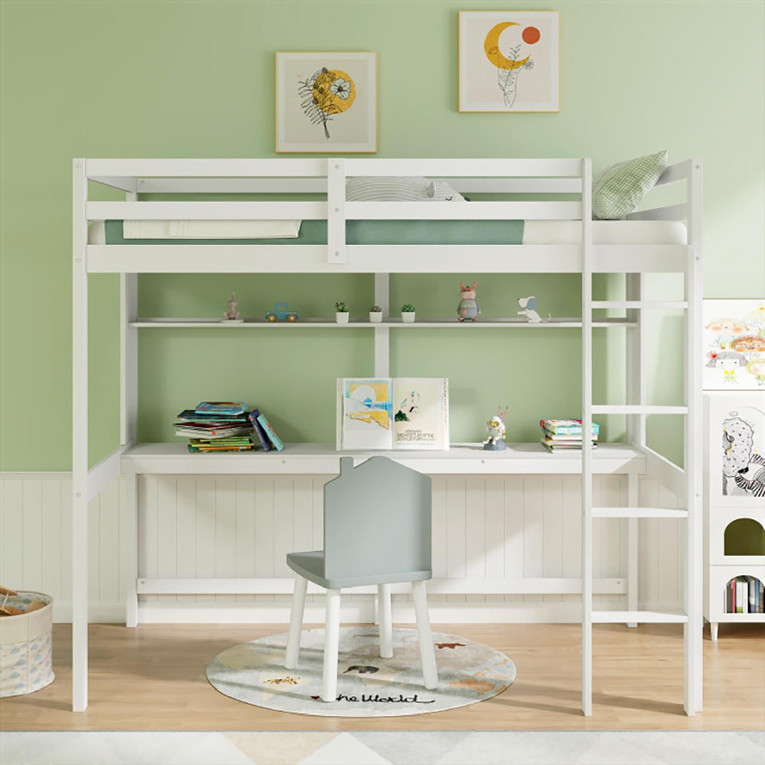 Demi Bonn Loft Bed Twin Size, Solid Wood Low Loft Bed with Guard Rail and Ladder, Modern Wooden Loft Bunk Bed Frame, White