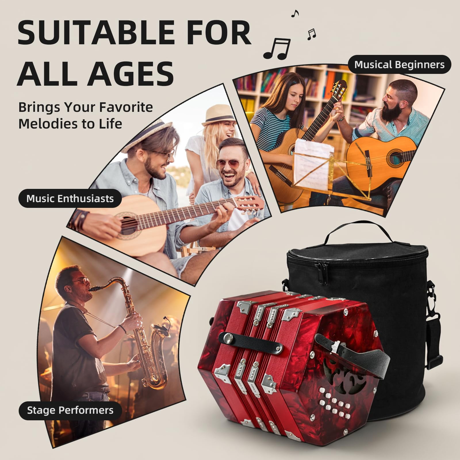 YueChun Concertinas,20-Key Accordion for Adults, Professional Accordion for Beginners, Adjustable Hand Straps, Instrument Accessories (Red)