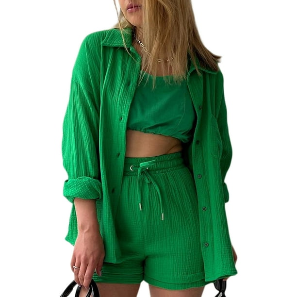 Pudcoco 2 Pieces Women Summer Outfits Set, Solid Color Pleated Long Sleeve  Shirt and Casual Drawstring High Waist Shorts Clubwear 