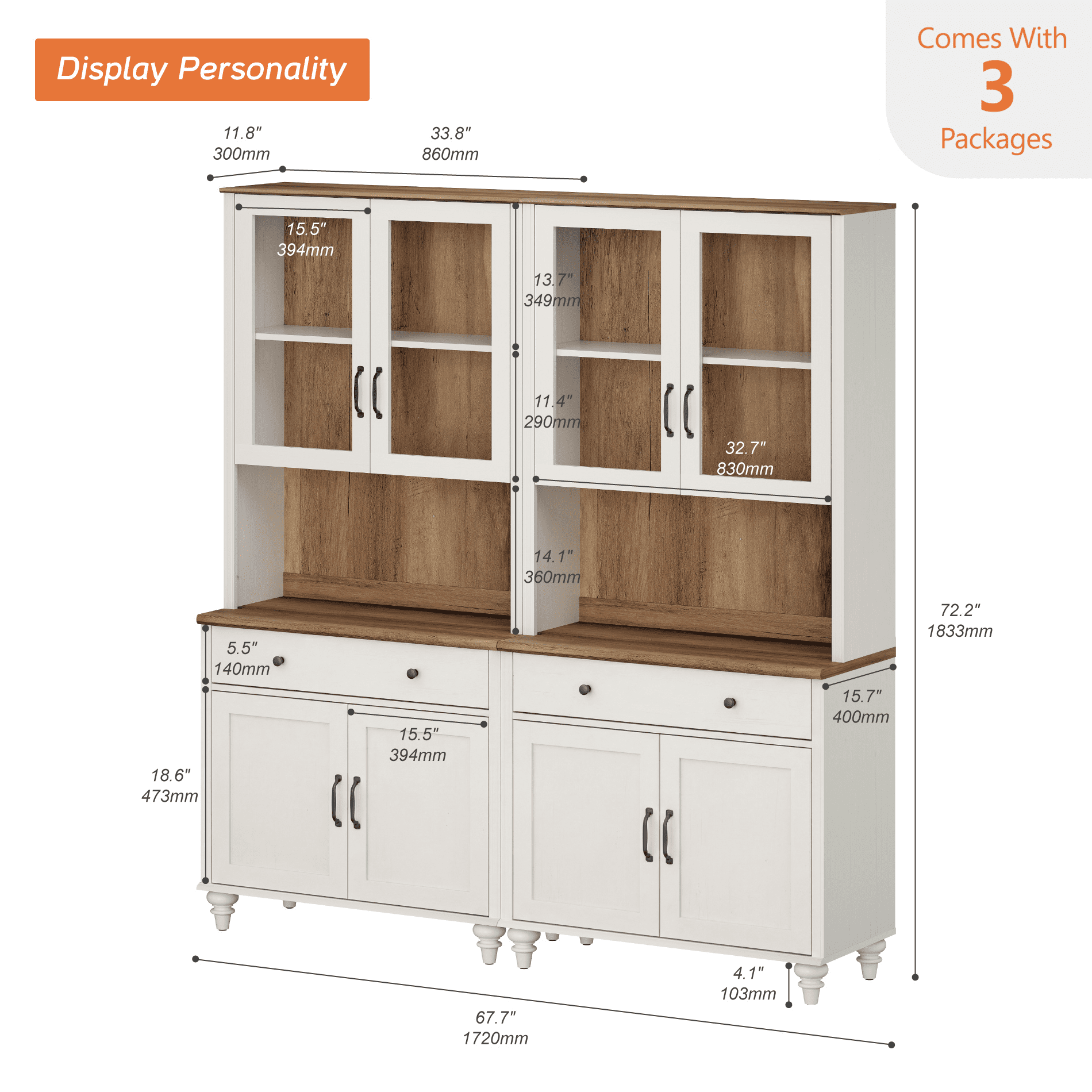 Sideboard Buffet Cabinet with Storage, Large Bookcase, Farmhouse Bookshelf with Ample Storage Cabinet, Library Wooden Bookshelves for Living Room, Office, Kitchen, White, 72" H