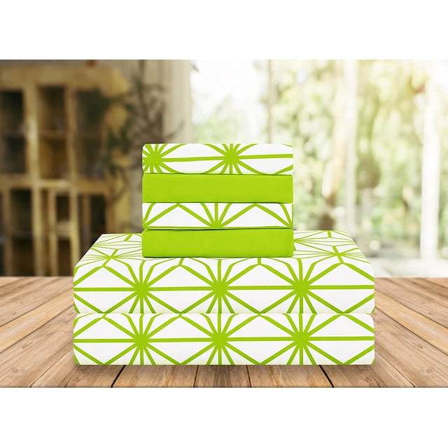 Mocassi Cube Pattern Collection 4-Piece Sheet Set, Deep Pocket 1500 Thread Count, Fade, Stain, and Wrinkle Resistant, Fitted Sheet with Smart Pockets, Cube Sheet Set, Twin, Lime