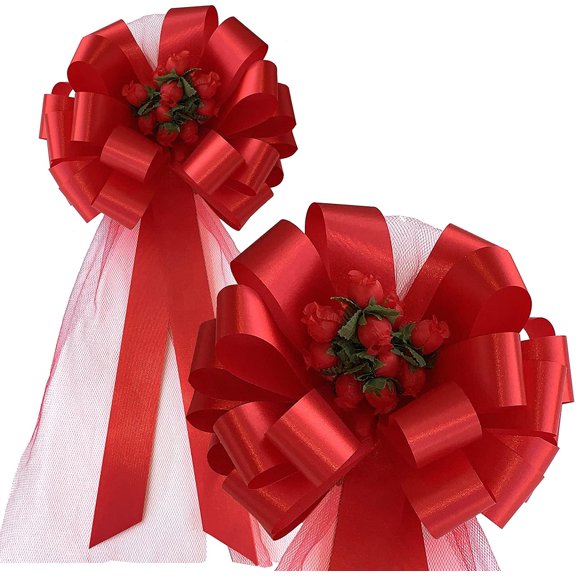 Red Pull Bows with Tulle Tails and Rosebuds - 8" Wide, Set of 6, Memorial Day, 4th of July, America 250 Anniversary, Mother's Day, Spring, Wedding Pew Bows, Reception, Anniversary, Fundraiser