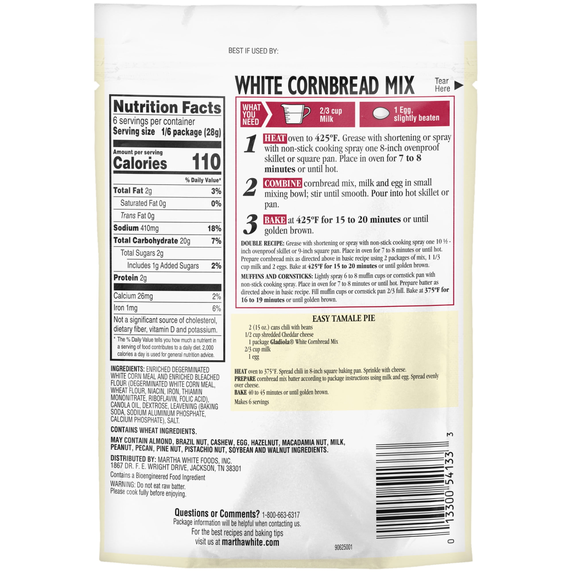Martha White Gladiola White Cornbread Mix, 6 oz Pouch
