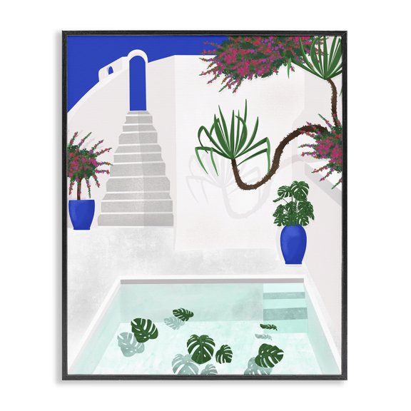 Stupell Industries Contemporary Modern Outdoor Pool Scene European Villa Monstera Leaves Black Framed Giclee Art, 11 x 14, by Jen Bucheli