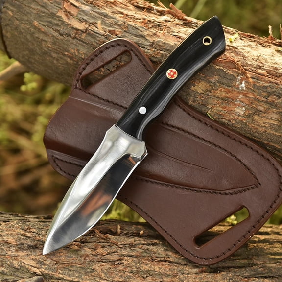 Fixed Blade Hunting Knife with Leather Sheath, High Carbon Steel Drop Point Blade, Black Resin Handle, Outdoor Camping Utility Knife